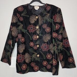 Sarah B Black Velvet Multi Floral Gold  Jacquard Button Jacket Blazer 2X